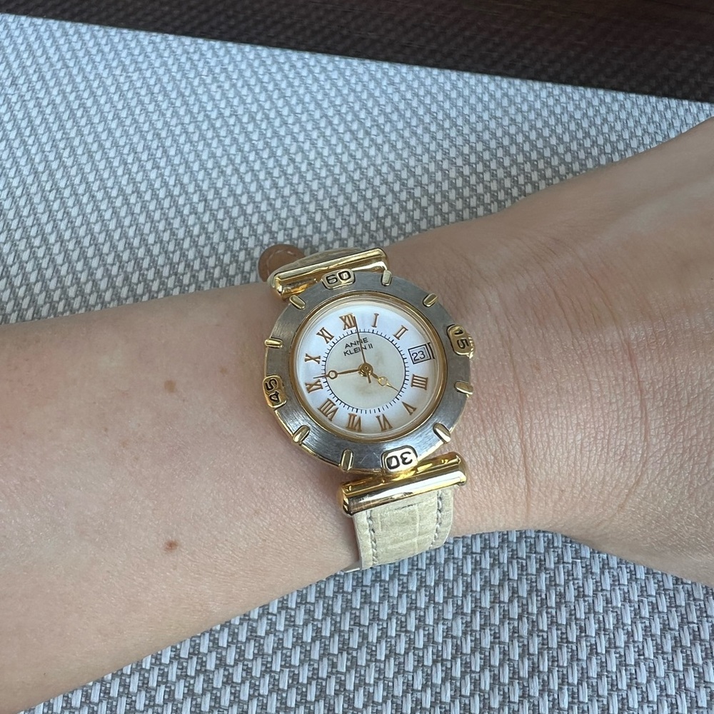 Anne Klein Gold-Tone Round Watch with Cream Leather Strap